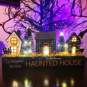 Halloween Lighted Welcome to Our Haunted House Village & Bottle Brush Trees New